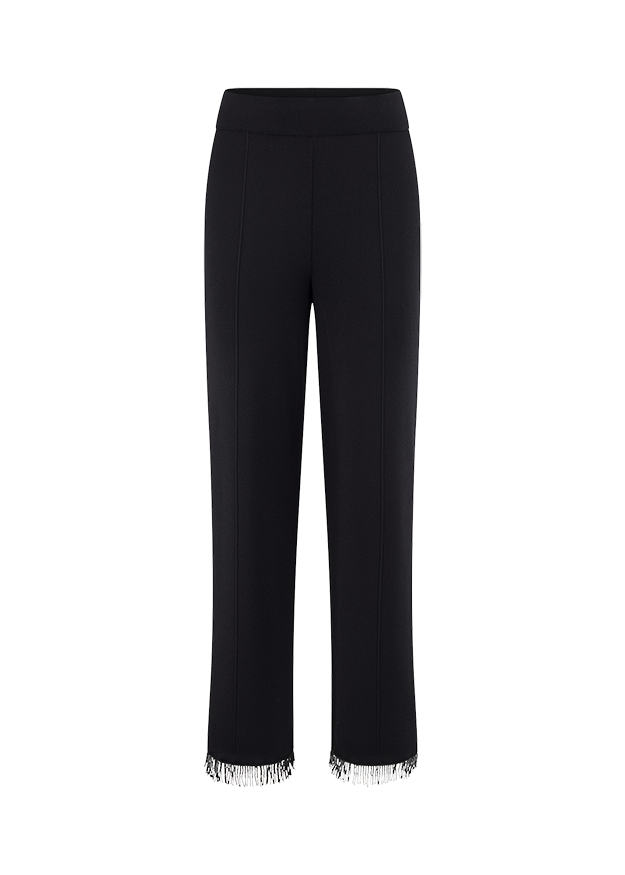 schwarze Hose, weite Beine, hoher Bund, Fransensaum