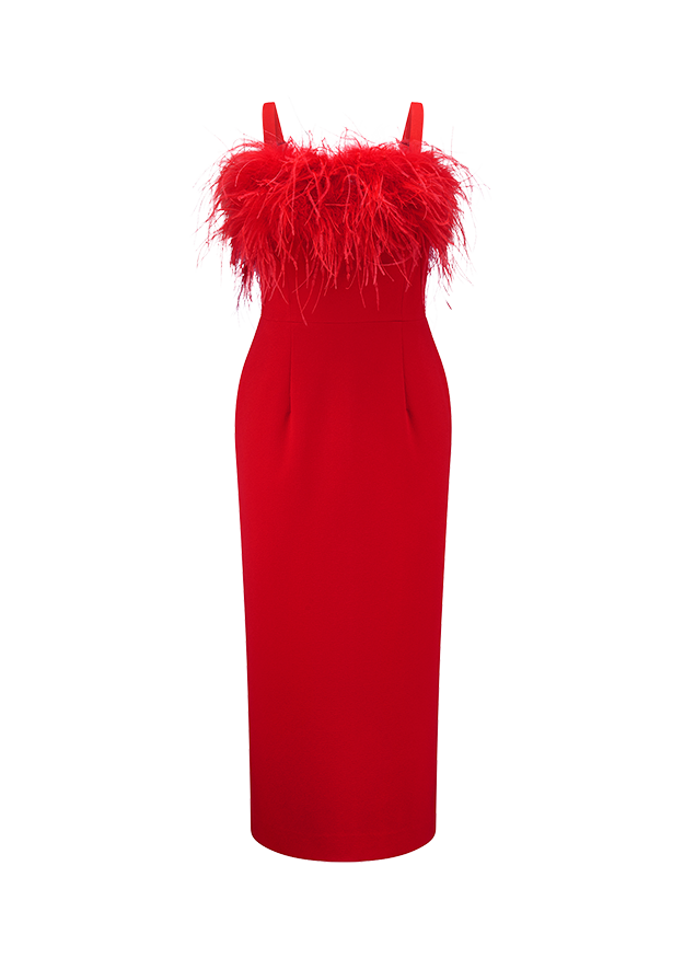 Rotes Abendkleid, Bodenlang, Federbesatz, Trägerkleid, Etuikleid