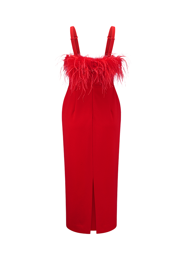 rotes Maxikleid, Abendkleid, Spaghettiträger, Federbesatz, figurbetont
