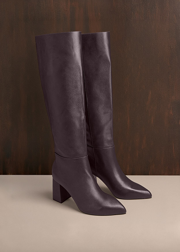 Kniehohe Stiefel, Lederstiefel, Violett, Blockabsatz, Glattleder