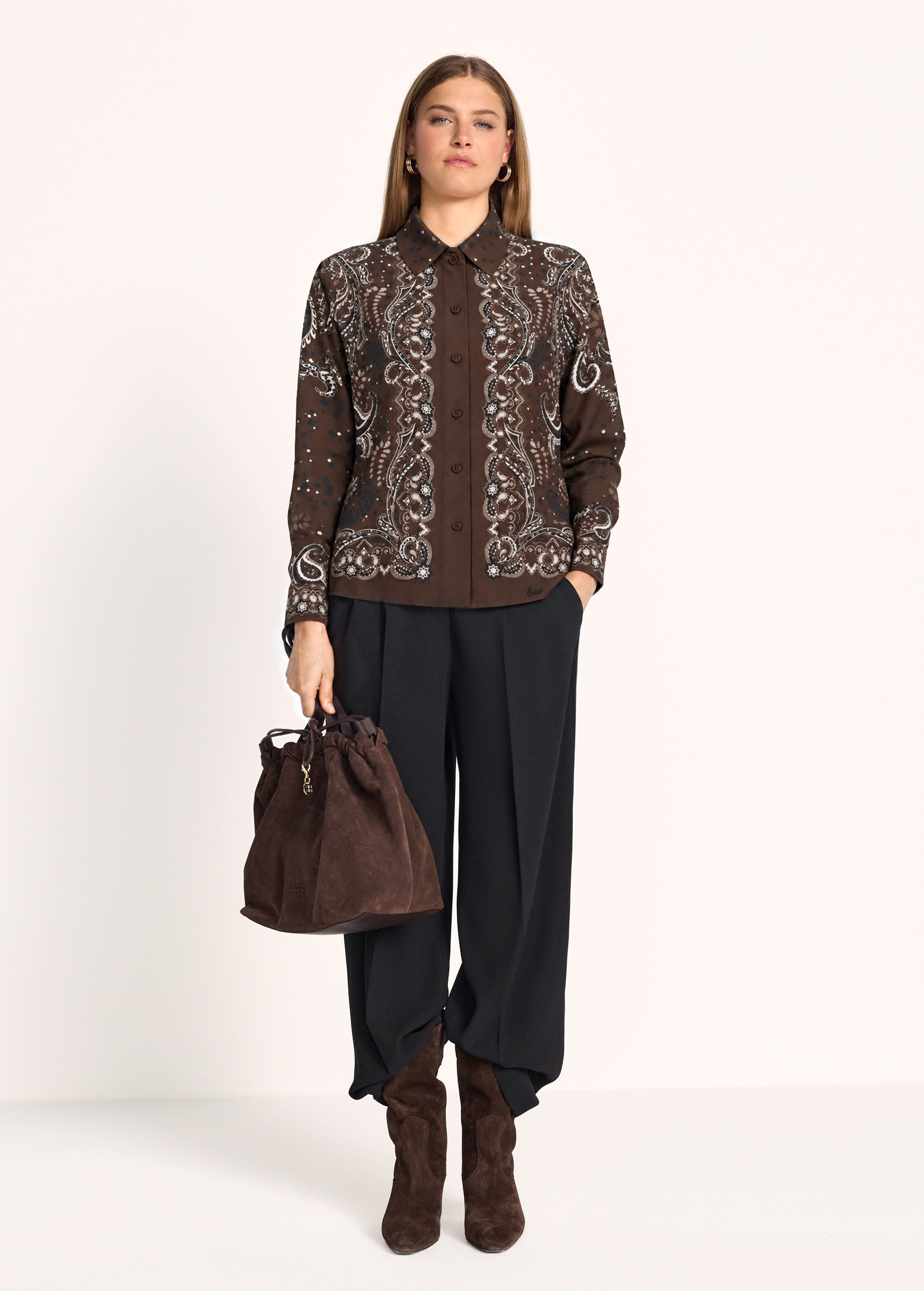 Bluse, Paisley-Muster, Braun, Knopfleck, Langarm
