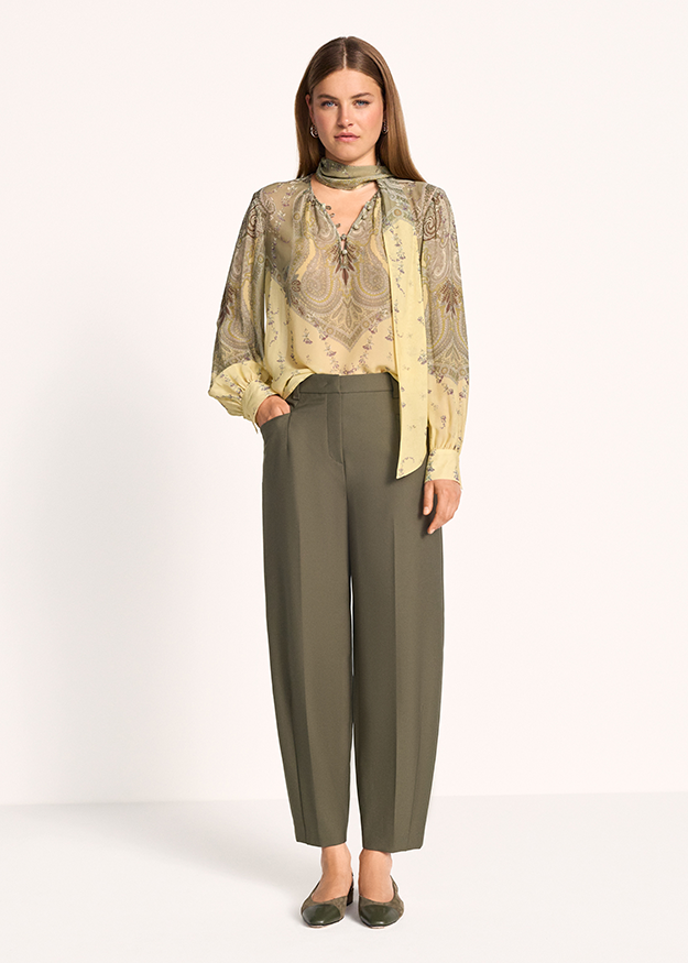 bluse, paisley, gelb, langehosen, duo-set