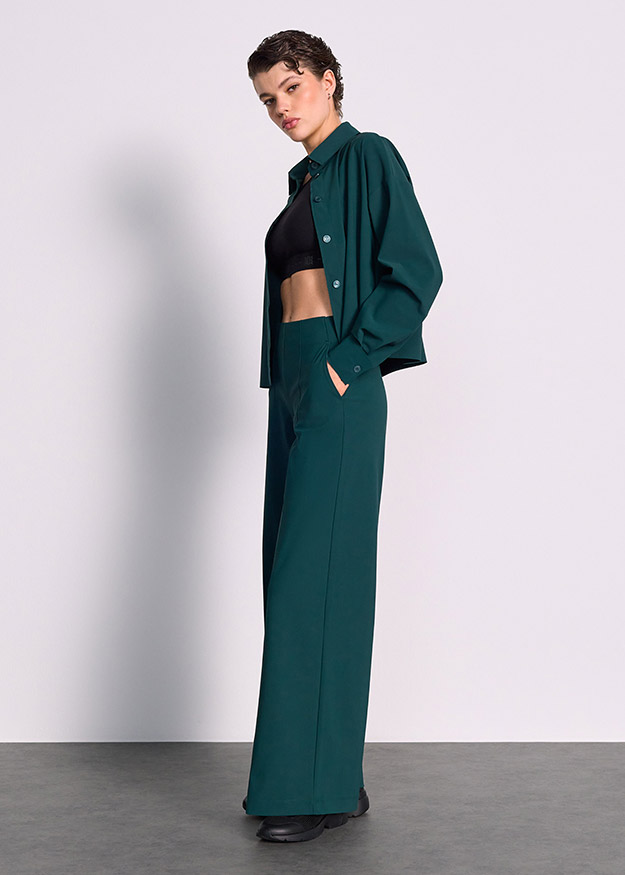 Hose, Hohe Taille, Flare-Hose, Stoffhose, Smaragdgrün
