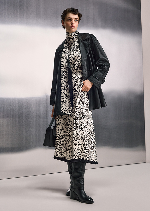 Mid-length dress, Leopard print, Lederjacke, Knee-high boots, Tasche