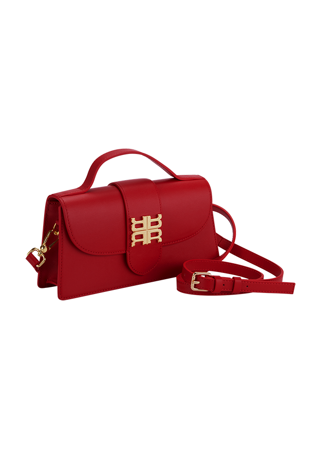 rote Handtasche, Umhängetasche, Kunstleder, goldfarbene Schließe, verstellbarer Riemen