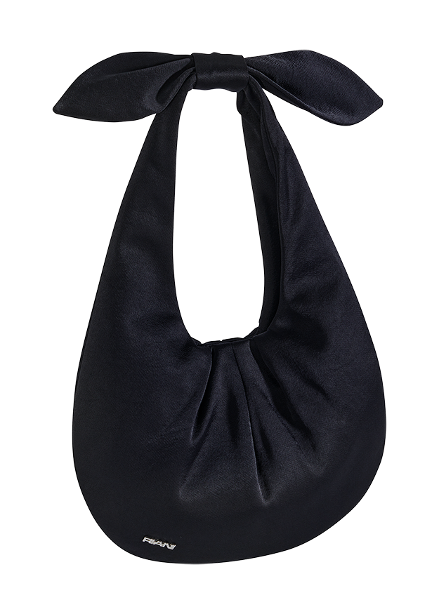 Schultertasche, Schwarz, Satinoptik, Bindeschleife, Hobo-Tasche