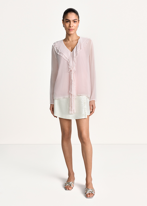 Bluse, Rosa, Chiffon, Rüschen, V-Ausschnitt