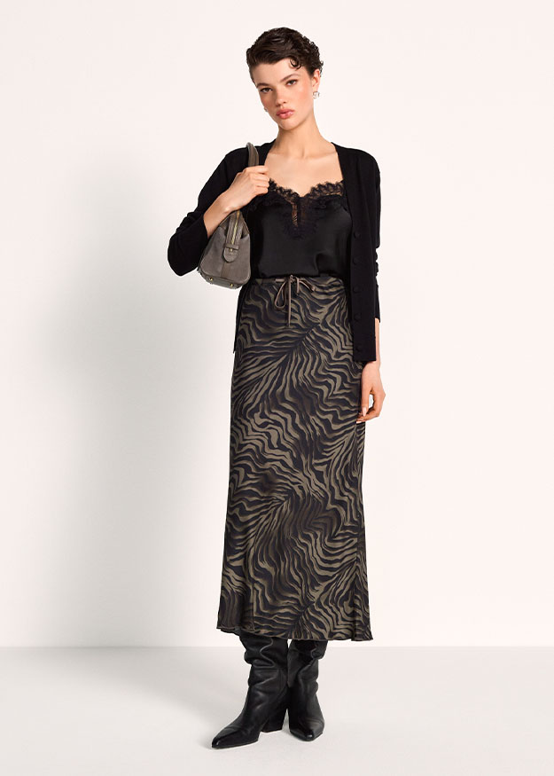 maxi skirt, zebra print, tie waist, black lace top, ankle boots