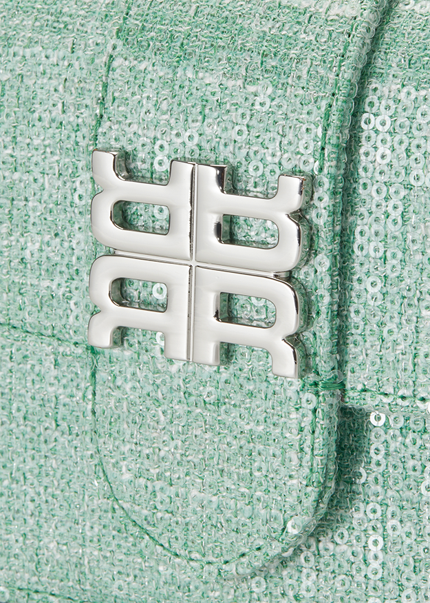 Pailletten-Stoff, Glitzertextil, Tasche, Metall-Logo, Mintgrün