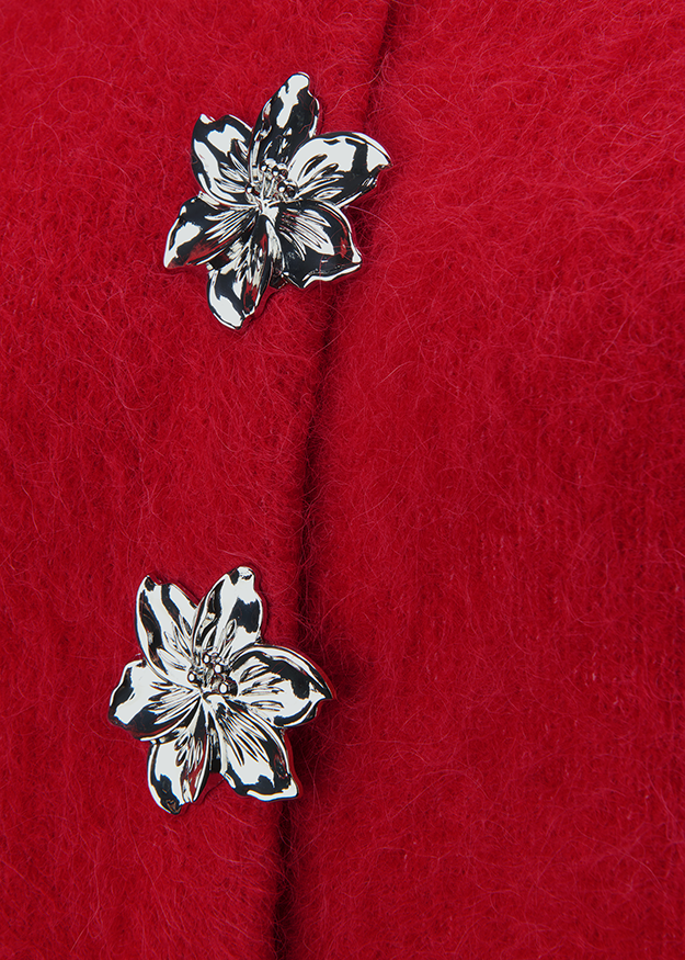 Roter Stoff, Florale Knöpfe, Silberfarben, Flauschige Oberfläche