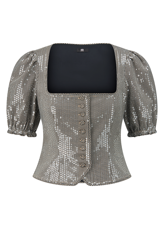 Puff sleeves, Sequined top, Houndstooth, Corset silhouette, Sequins
