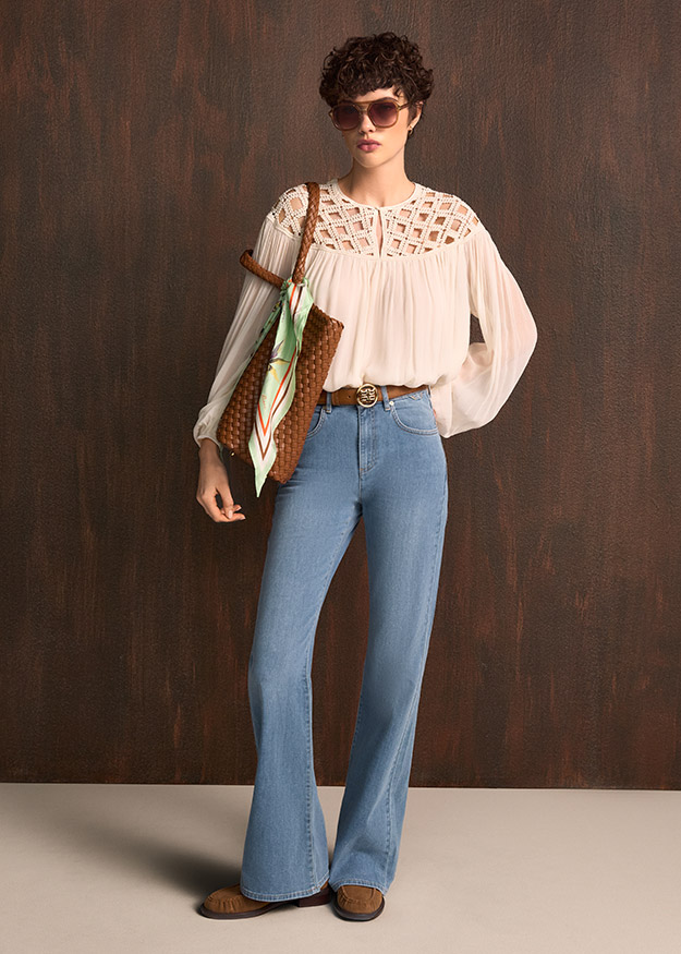 Bluse, Spitze, Jeans, Tasche, Sandalen