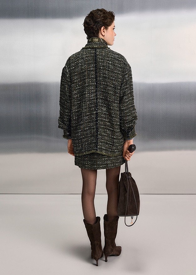 Wollpullover, Oversize-Jacke, Knit-Set, Tweed-Textur, Schwarz-Grün
