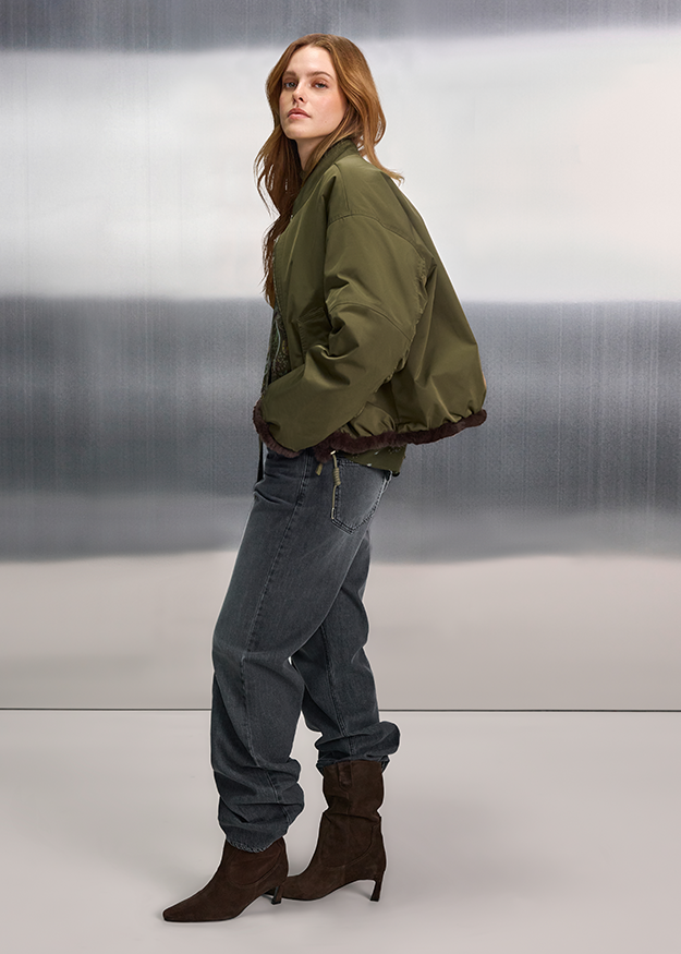 Jacke, Bomberjacke, Olivgrün, Kunstfell, Stiefel