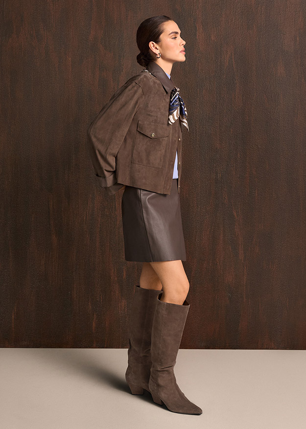 Lederjacke, Oversize-Jjacke, Lederstiefel, Kombination, Schuhe