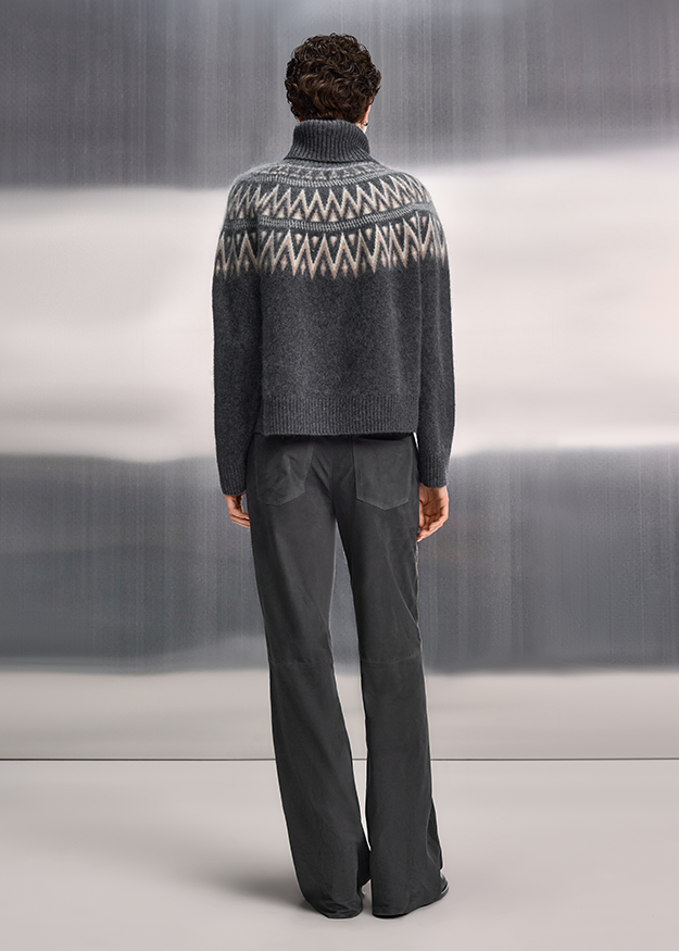 Wollpullover, Kragenrollo, Grau, Oversized, Fair-Isle Muster