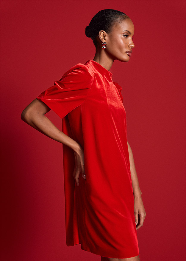 rotes Kleid, Samtstoff, kurze Ärmel, weiter Schnitt