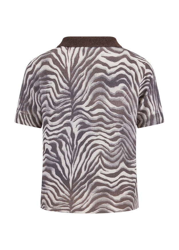 Zebra Muster, Kurzarm-Pullover, Streifenmuster, Anthrazit-Braun, Woll-/Knit-Top