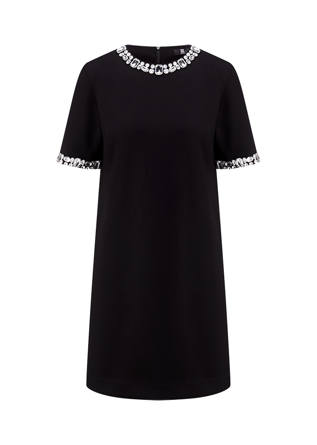 schwarzes Kleid, kurze Ärmel, Strassbesatz, Rundhalsausschnitt, gerader Schnitt