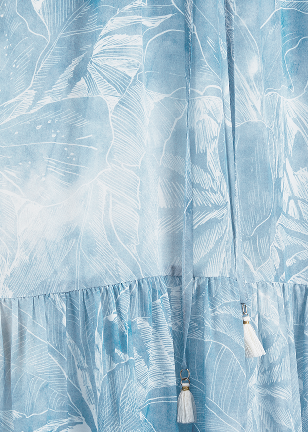 Kleid, Floralmuster, Vorne plissee, Quasten, Blau