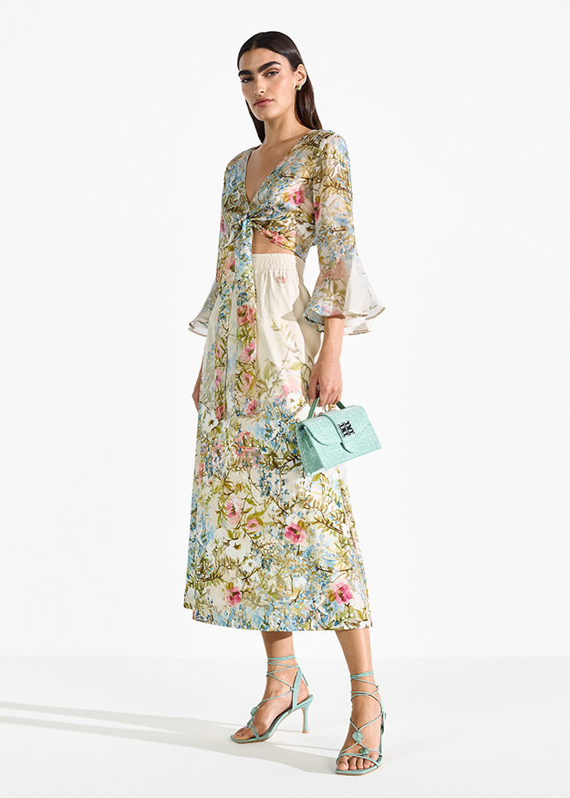 Floral dress, Maxi dress, V-Ausschnitt, Tailliergürtel, Pastellfarben
