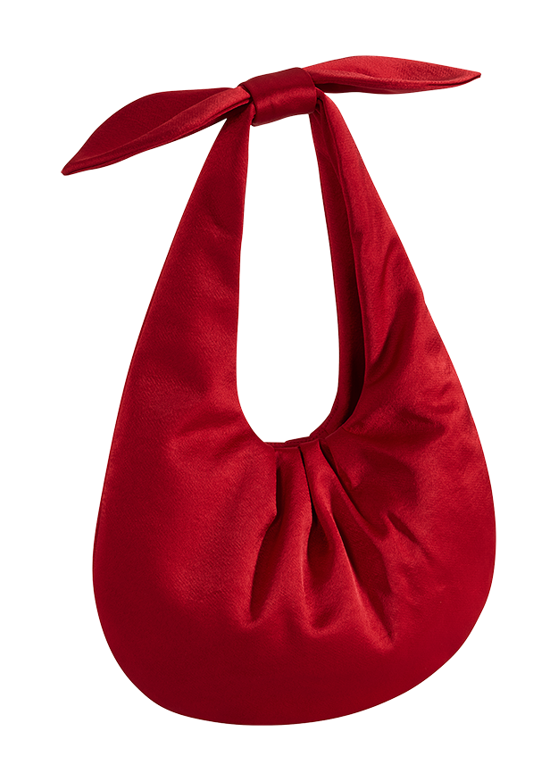 rote Schultertasche, Kunstleder, halbmondförmig, geknoteter Henkel, einfarbig