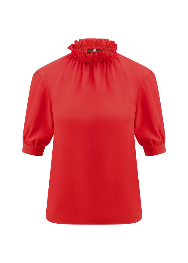 Rote Bluse, Stehkragen, Rüschenkragen, Dreiviertelärmel, Unifarben