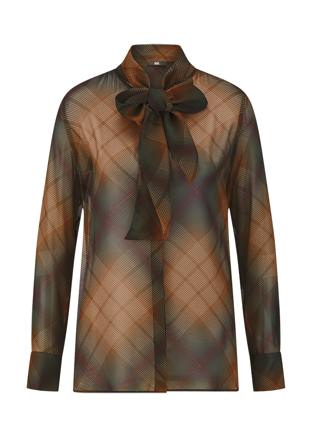 Bluse, Plissee, Karomuster, Schleife, Langarm