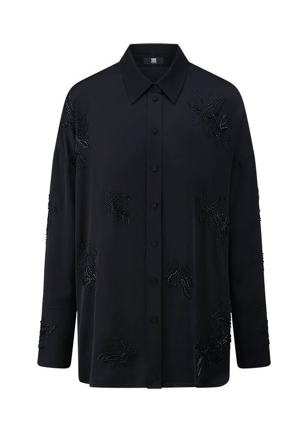 Schwarze Bluse, Langarmhemd, Knopfleiste, Blumenstickerei, Spitzkragen
