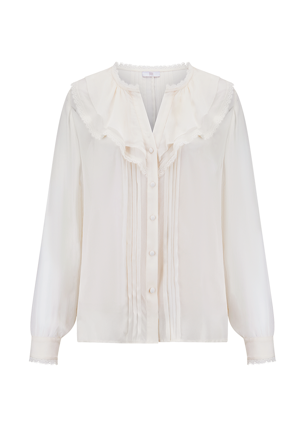Bluse, Spitze, Rüschen, Knopfleiste, Langarm