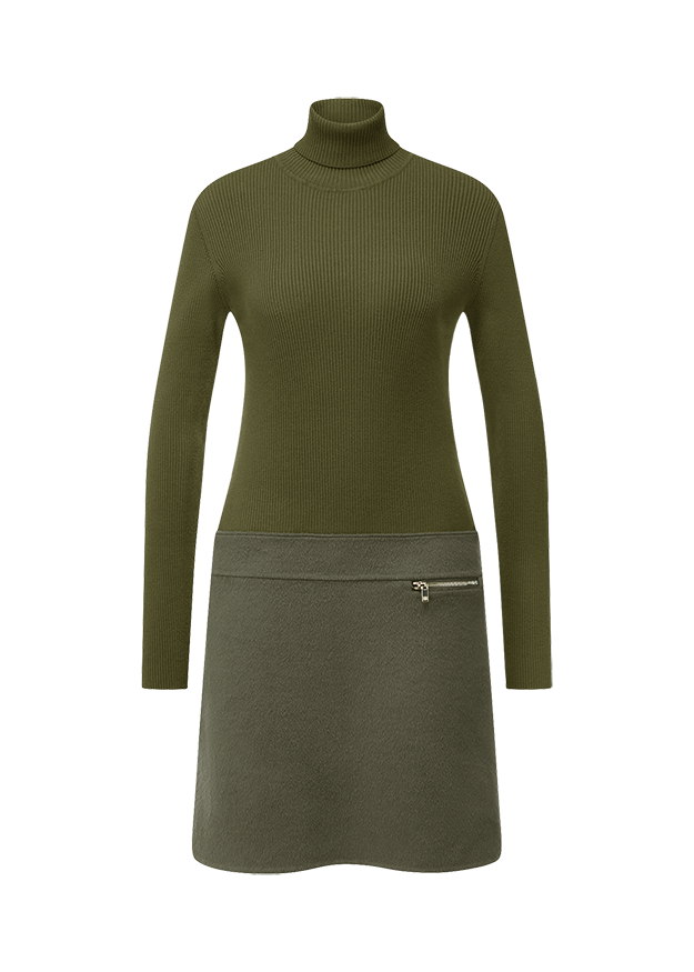 Rollkragen, Strick, Olivgrün, Kleid, Reißverschlussfahrring