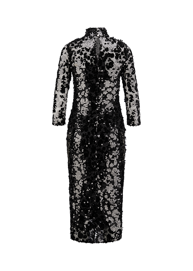 Paillettenkleid, Schwarzes Kleid, Langarmkleid, Stehkragen, Wadenlang