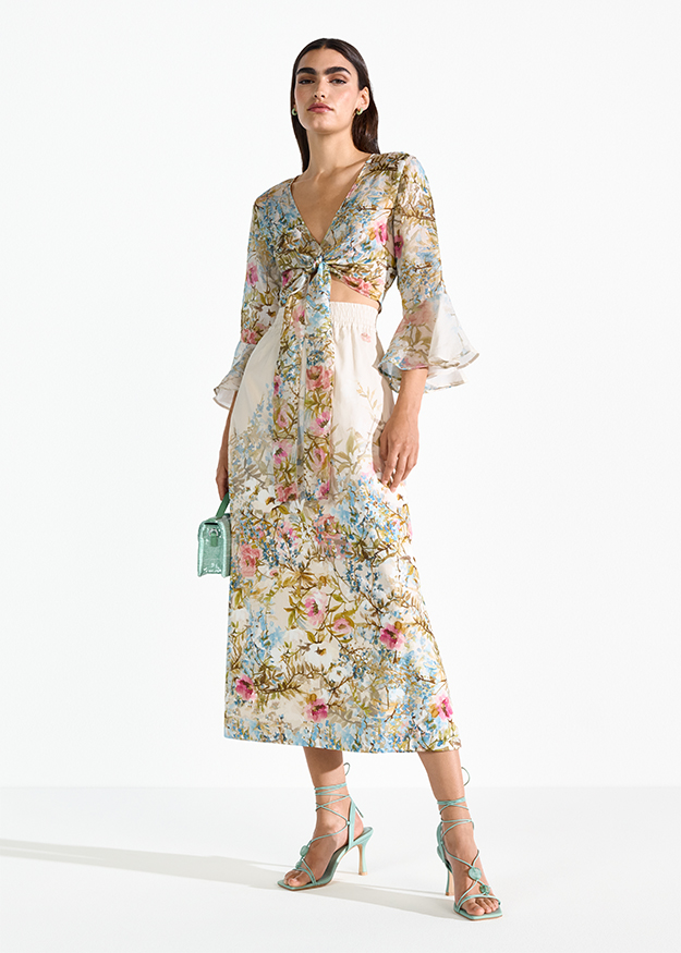 Druckdessin, Floralmuster, Midi-Kleid, V-Ausschnitt, Spitzenärmel