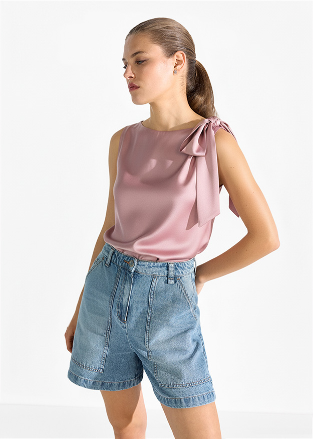 Top, Satin, Rosa, Schulterfrei, Jeansshorts