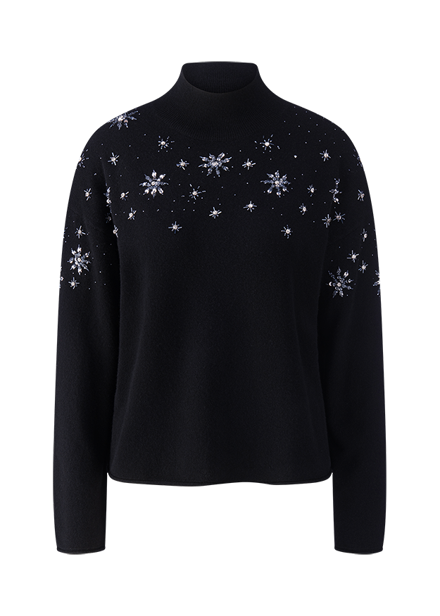 schwarzer Pullover, Rollkragen, lange Ärmel, Strassverzierung, Sternenmuster