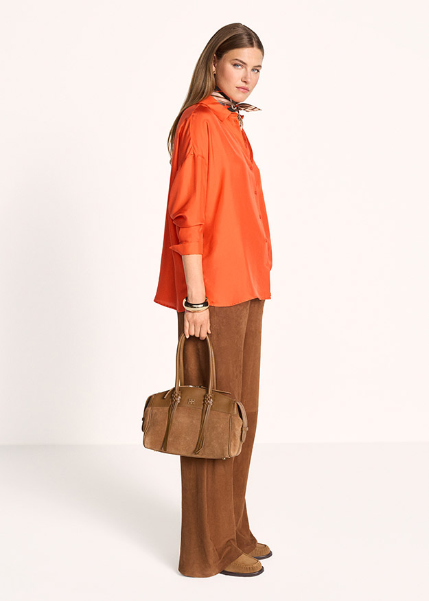 Hemd, Lockeren Bluse, Satin, Orange, Langarm