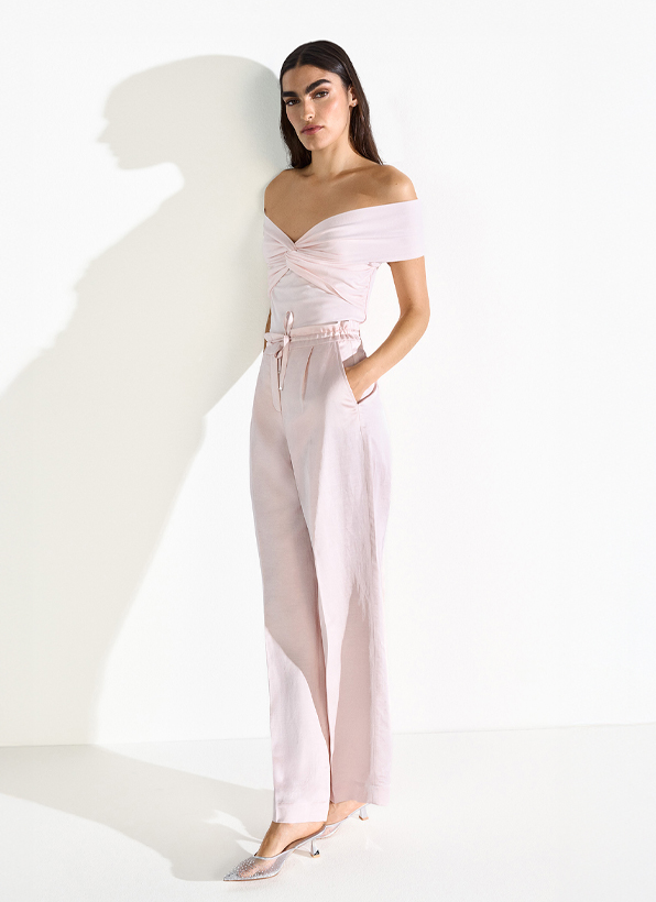 Off-shoulder, Wrap-top, Pajama-like, Light-pink, Wide-leg-p pants