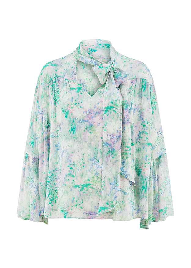 Bluse, Viskose, Pastellmuster, Knotenschleife, Langarm
