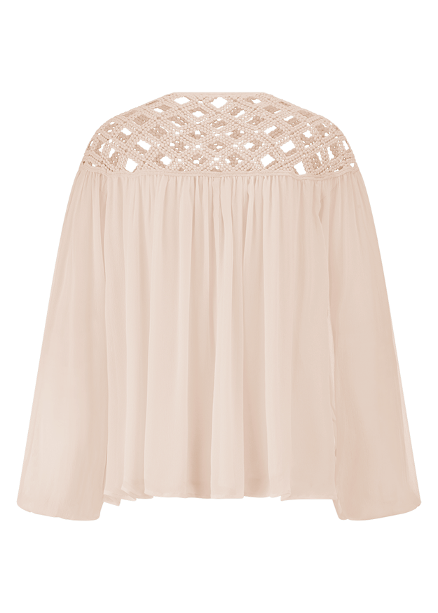 off-shoulder, peach, crochet, smocked, flowy