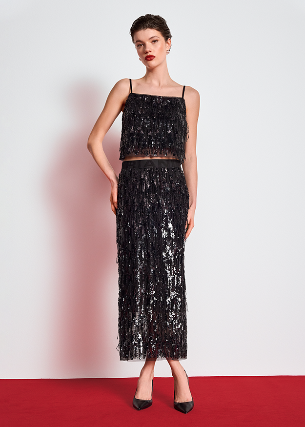 Zweiteiler, Pailletten, schwarz, Crop-Top, Midirock