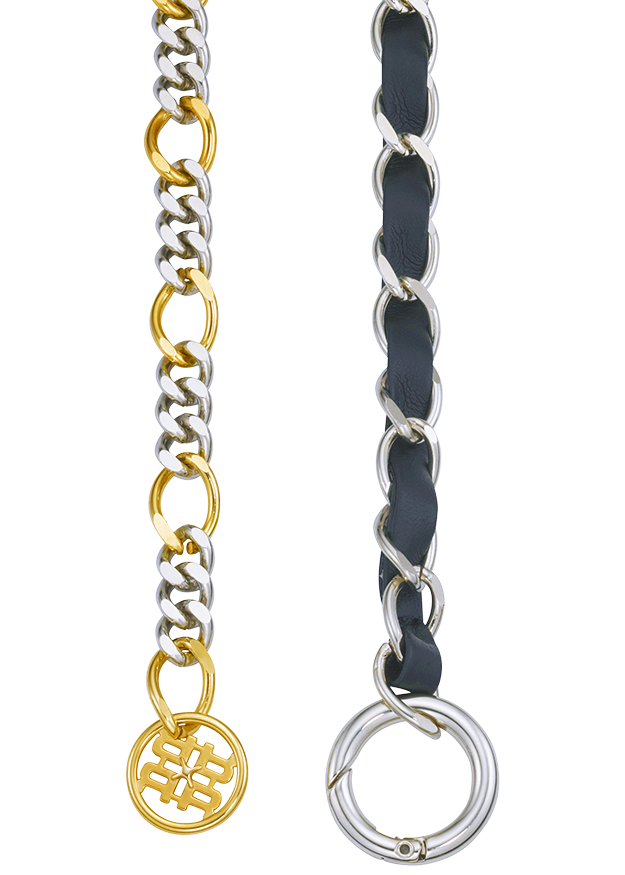 Schlüsselanhänger, Metallkette, Lederband, Gold-Silberfarben, Runder Anhänger