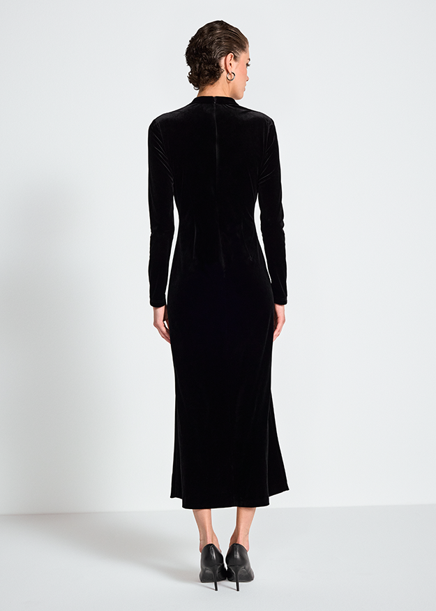 Schwarzes Kleid, Samt, Langarm, Midi-Länge, Figurbetont