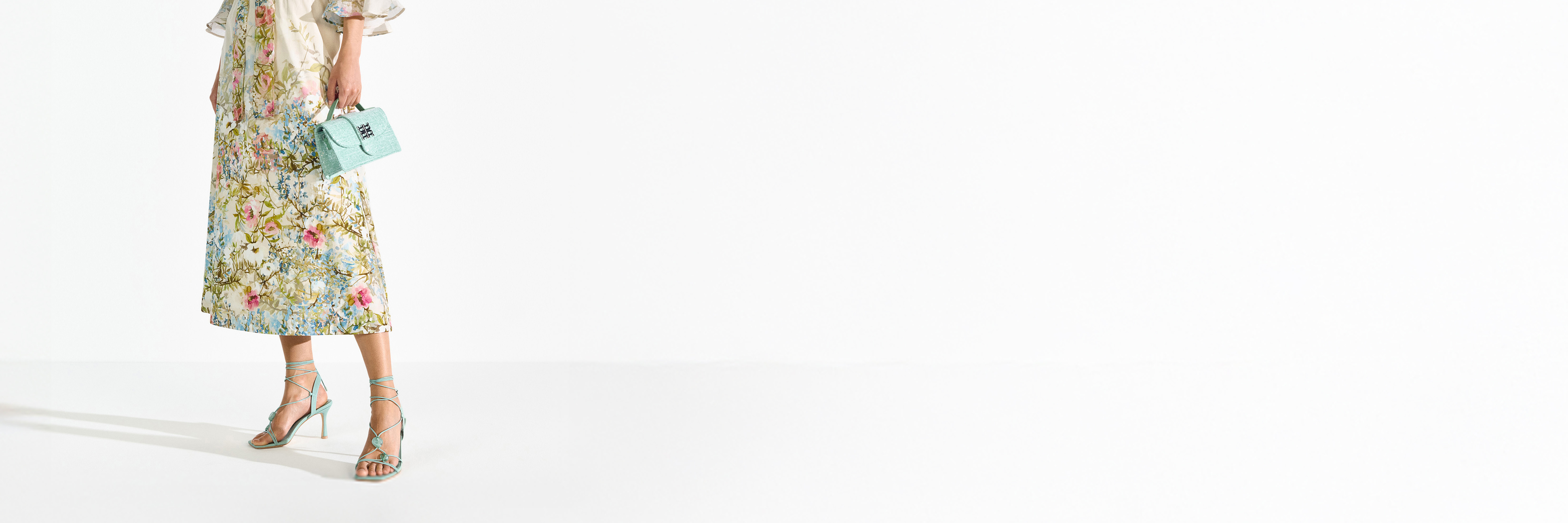 Floral dress, Midi dress, Pastel colors, Wicker bag, Strappy sandals