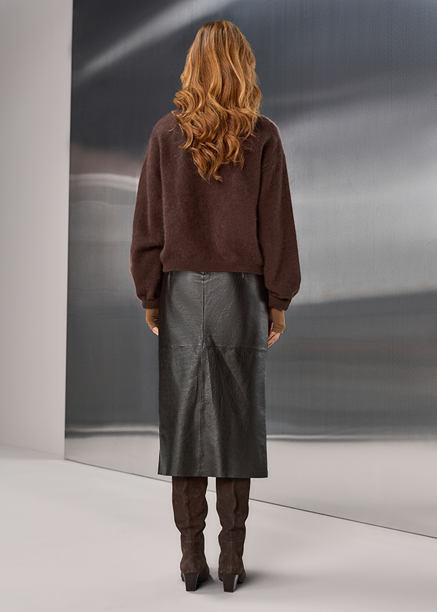 langeärmlig, flauschig, braun, pullover, rock