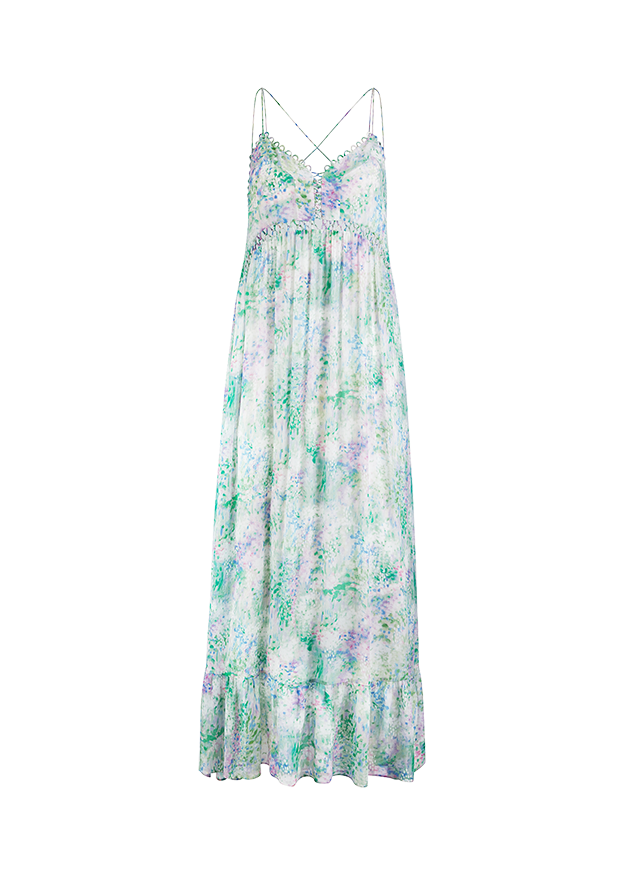 Maxi Kleid, Blumenprint, Spaghettiträger, Stufensaum, Leichtes Gewebe