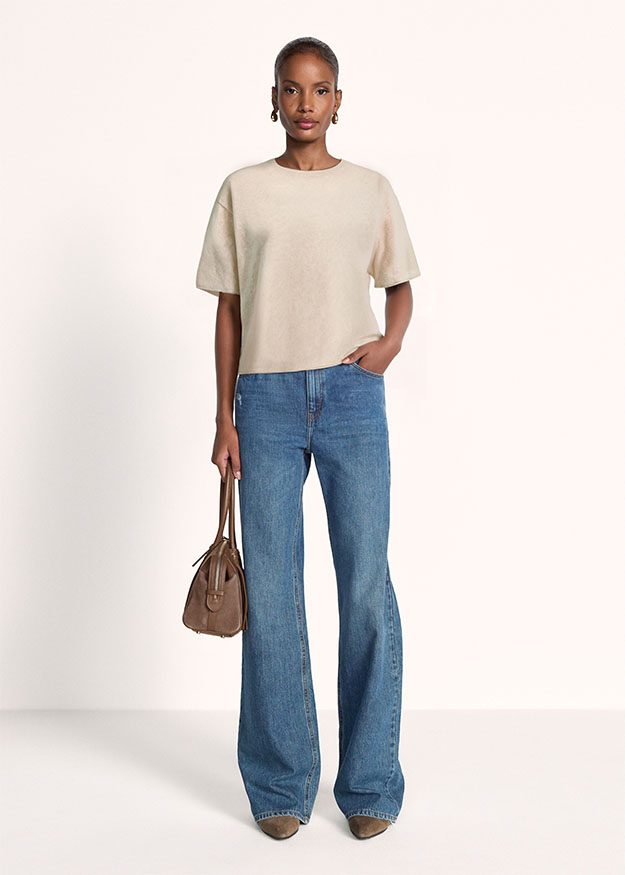 T-Shirt, Kurzarm, Beige, Jeans, Paar Handschuhe
