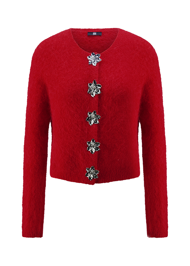 Rote Strickjacke, Rundhalsausschnitt, Langarm, Blumenknöpfe, Flauschige Struktur