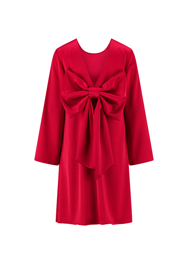 Kleid, Rot, Lange Ärmel, V-Ausschnitt, Schleife