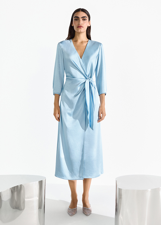 Kleid, V-Ausschnitt, Wrap-Kleid, Langarm, Satin, hellblau
