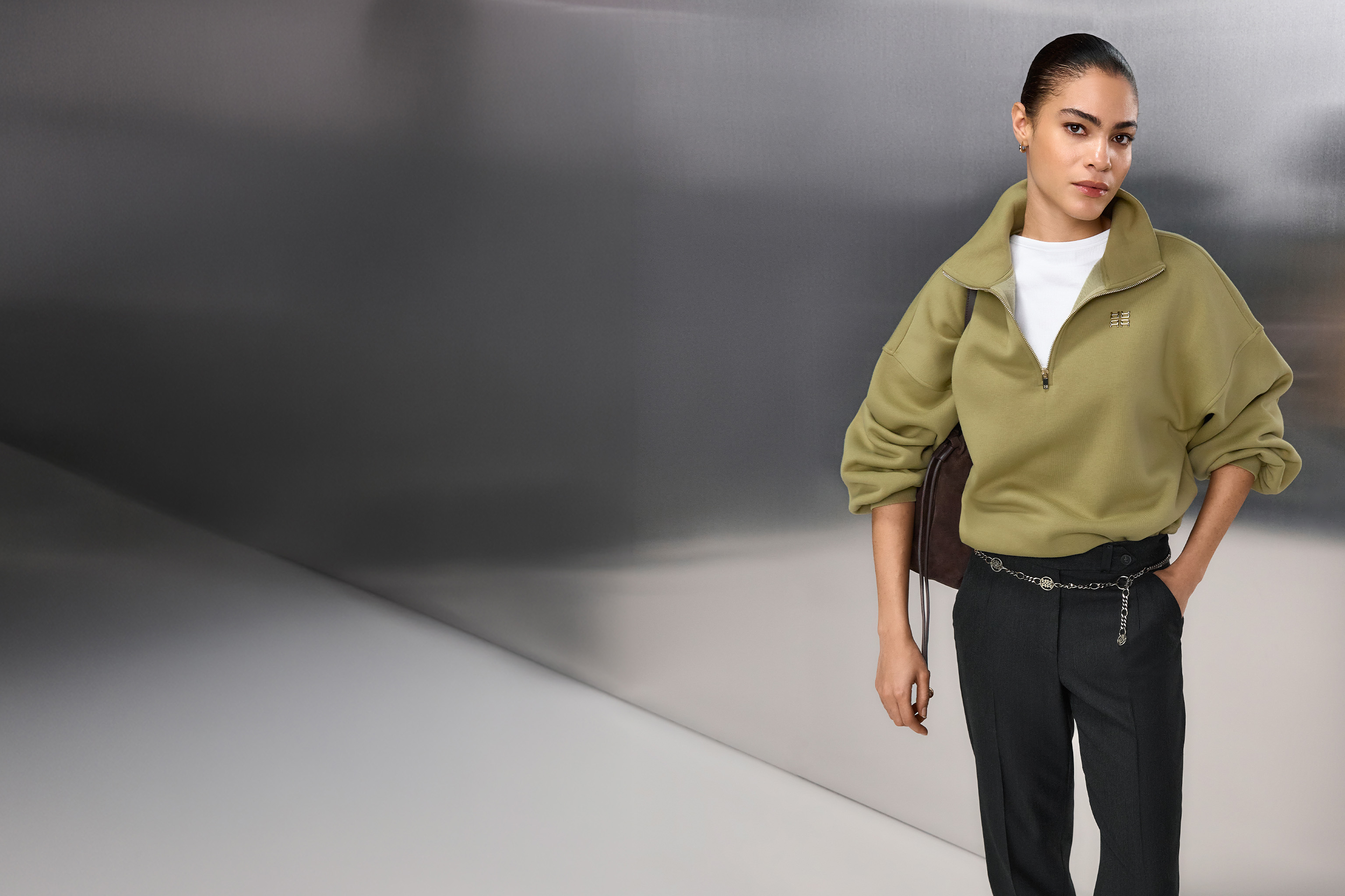 Pullover, Kragenpulli, Halfzip-Pullover, Khaki-Farbton, Hose mit Kette